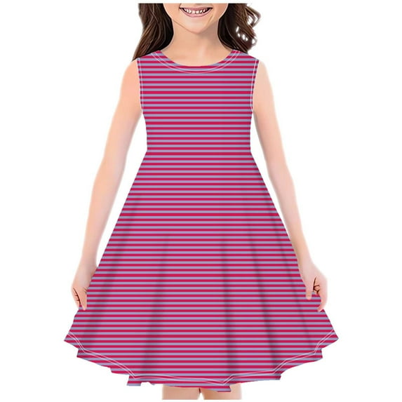 YLSDY Girls' Summer Sleeveless Round Neck Striped Printed A-Line Dress Kids Beach Swing Dress Hot Pink 140