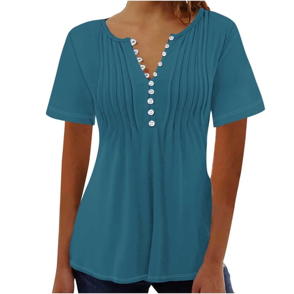 YLSDY Ladies Pleated Tops Henley Shirts Classic Solid Peplum Shirts Button Up V Neck Tops Bundle Slim Fit Flowy Casual Blouse Summer Basic Raglan Sleeve Short Sleeve Basic Tees Fashion Blue 4