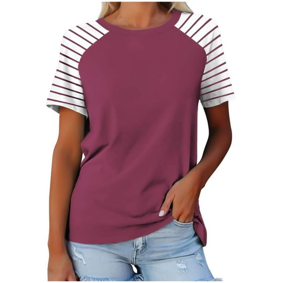 YLSDY Ladies Tunic Patchwork T-Shirts Vintage Color Block Shirts Boat Neck Tops Comfy Breathable Loose Fit Flowy Casual Blouse Summer Basic Raglan Sleeve Short Sleeve Basic Tees Wine 4
