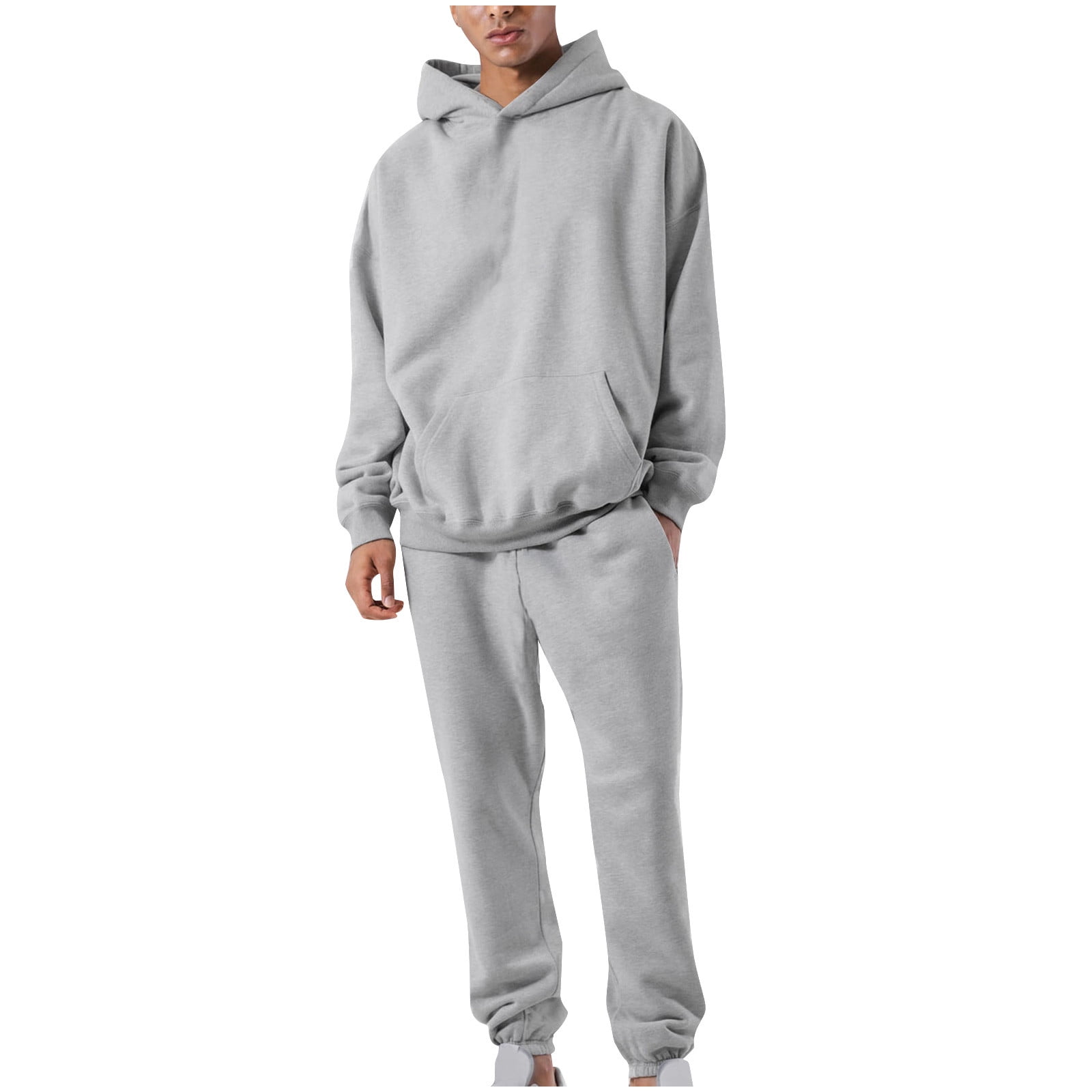 YLSDY Men s 2 Piece Solid Color Tracksuit Basic Style Kangaroo Pocket Adjustable Drawstring Hooded Sweatshirt Sweatpants Streetwear Jogger Set Soft Comfortable Fleece Fabric Gray S Walmart