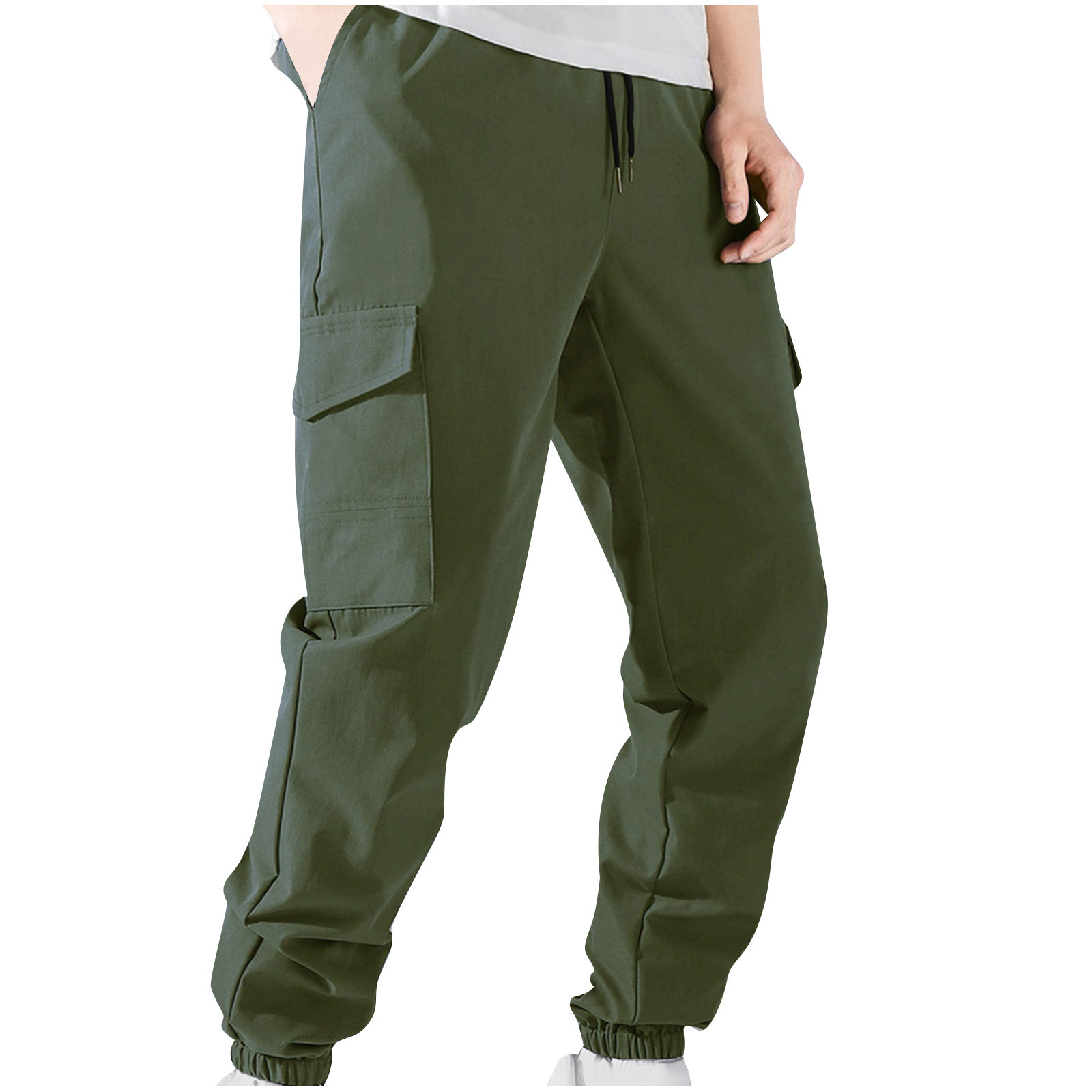 YLSDY Men's Cargo Elastic Ankle Pants with Pocket Comfy Full Length Pants Solid Color High Waist Comfy Lounge Pants Casual Fashion Fall Winter Long Trousers Army Green XXXL