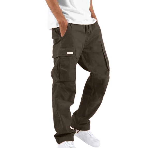 YLSDL Men's Cargo Pants with Multi pocket Loose Fit Lightweight Trousers Straight Leg with Drawstring Brown M