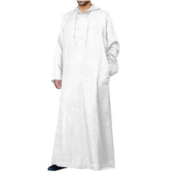 YLSDL Men's Sale Thobe Long Sleeve Maxi Dress Solid Color Thawb Muslim Robe with Hood Pockets White XXXXXL