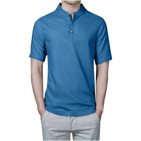 YLSDY Men's Cotton Henley Shirt Stand Collar Short Sleeve Tops Summer Beach Solid Casual Blouses Slim Fit Loungewear Lightweight Tees Blue XXL