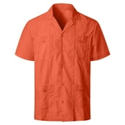 YLSDL Men's Cuban Guayabera Shirts Solid Multiple Pockets Lapel V-Neck Blouses Short Sleeve Buttton Down Tops 2024 Summer Stylish Vintage Casual T-shirts Orange XL