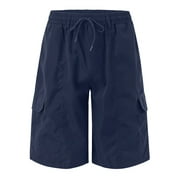 YLSDL Men's Elastic Waist Shorts with Pockets Drawstring Oversized Cargo Shorts Solid Color Straight Leg Short Pants Comfortable Stylish Plain Shorts Navy XXL