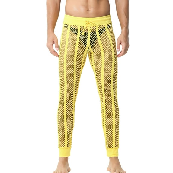 YLSDL Men's Fishnet Pants See-Through Mesh Pants Hollow out Joggers Pants Home Pants Clubwear Trousers Yellow XL