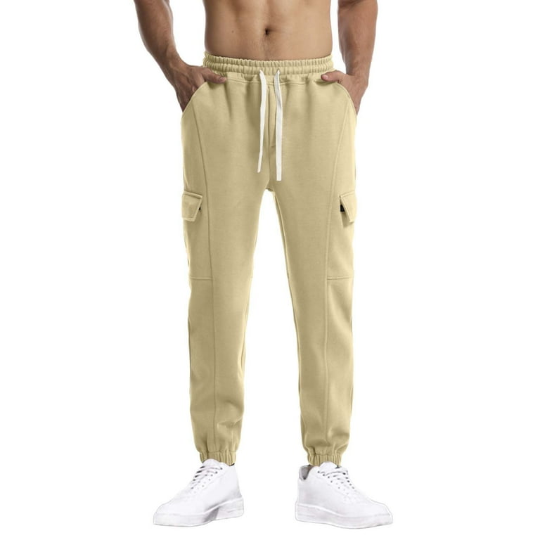 YLSDY Men s Fleece Jogger Sweatpants with Side Pockets Solid Color Stretch Drawstring Joggers Winter Warm Sports Snow Pants Relaxed Fit Elastic Ankle Pants Beige M Walmart