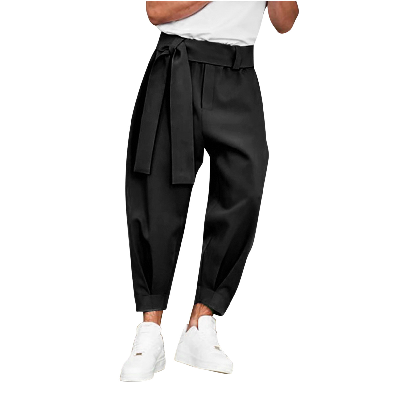 YLSDY Men's Harem Pants Drawstring Baggy Trousers Solid Color Loose Fit Straight Long Pants with Belt Black M