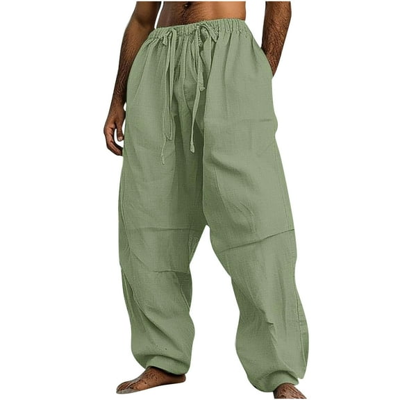YLSDY Men's Harem Pants Linen Cotton Baggy Trousers Drawstring Elastic Waist Pockets Joggers Baggy Hip Hop Pants Army Green XL