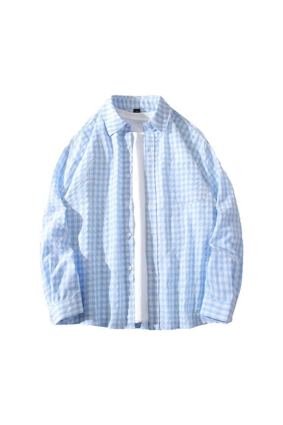 Men's Long Sleeve Button Up Plaid Flannel Shirt Loose Fit Checkered Dress Work Office Tops Blouse Sky Blue M
