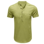 YLSDL Men's Mandarin Collar Drawstring Neck Shirts Slim Fit Athletic Bodybuilding Sport Tees Cotton Linen Henley Blouses Plain Yoga Sport Tops Short Sleeve Pullover Shirts Green M