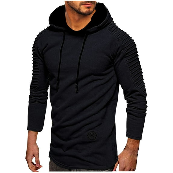 YLSDY Men's Pleated Sweatshirts Long Sleeve Pullover Hoodie with Adjustable Drawstring Slim Fit Solid Color Sweatshirt Navy XXL