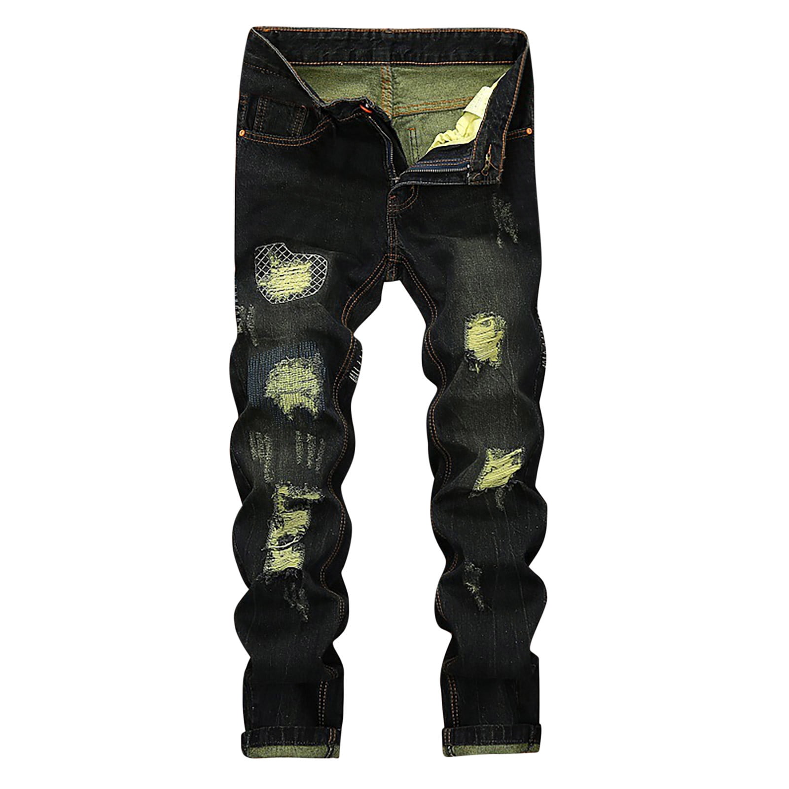 DeHolifer Men s Pants Fashion Ripped Holes Zipper Skinny Hip Hop Biker Jeans Solid Stretchy Slim Fit Distressed Pants Black 5XL Walmart