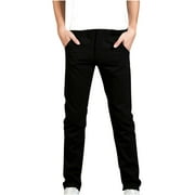 YLSDL Men's Solid Color Trousers with Pockets Straight Fit Twill Pants with Belt Loops Skinny Fit Streetwear Trousers Stretch Chinos Pants Black XL