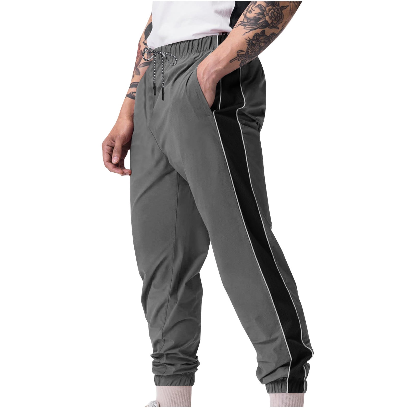 YLSDY Men s Striped Sweatpants with Pockets Relaxed Fit Casual Athletic Gym Joggers Track Drawstring Cinched Cuffs Tapered Pants with Elastic Ankles Dark Gray XXL Walmart