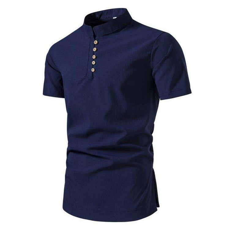 Ylsdy Men s Summer Linen Short Sleeve T Shirt Chinese Style Mandarin Collar Button Henley Shirts Loose Fit Tops Blouse Dark Blue Xxxxl Size 4XL US