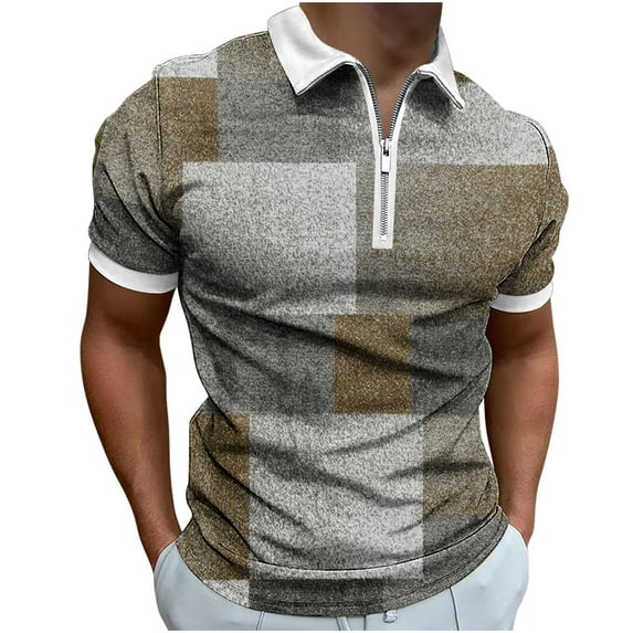 YLSDL Men's Summer Short Sleeve Shirts Plaid Print Zipper Neck T-Shirts Slim Fit Golf Tennis Sports Tops Khaki L