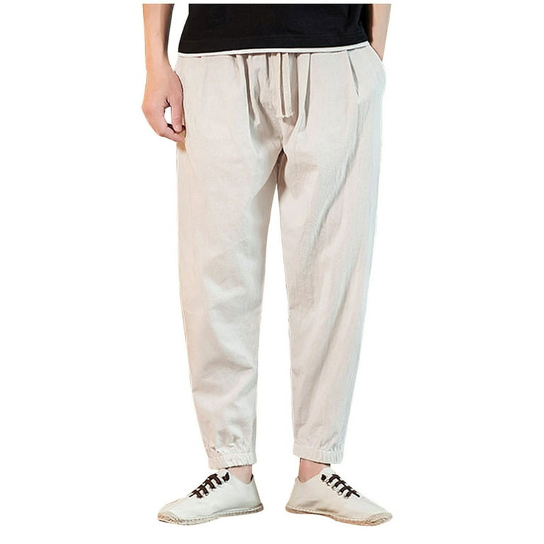YLSDL Men s Tapered Trousers Elastic Ankle Drawstring Pants Plain Elastic Waist Sweatpants Lightweight Breathable Full Length Pants Beige XXXL