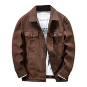 YLSDL Men's Trucker Jean Jacket Brown Denim Washed Slim Fit Button Down Long Sleeve Coats Streetwear Oversized Trucker Jean Jackets Coffee XL