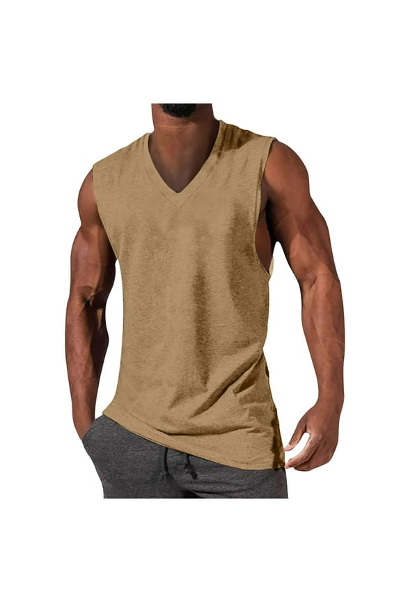 Men's V-Neck Tank Tops Lightweight Breathable Shirts Summer Bodybuilding Muscle Stringer Vest Solid Color Slim Fit Oversized Sleeveless T-Shirt Khaki L