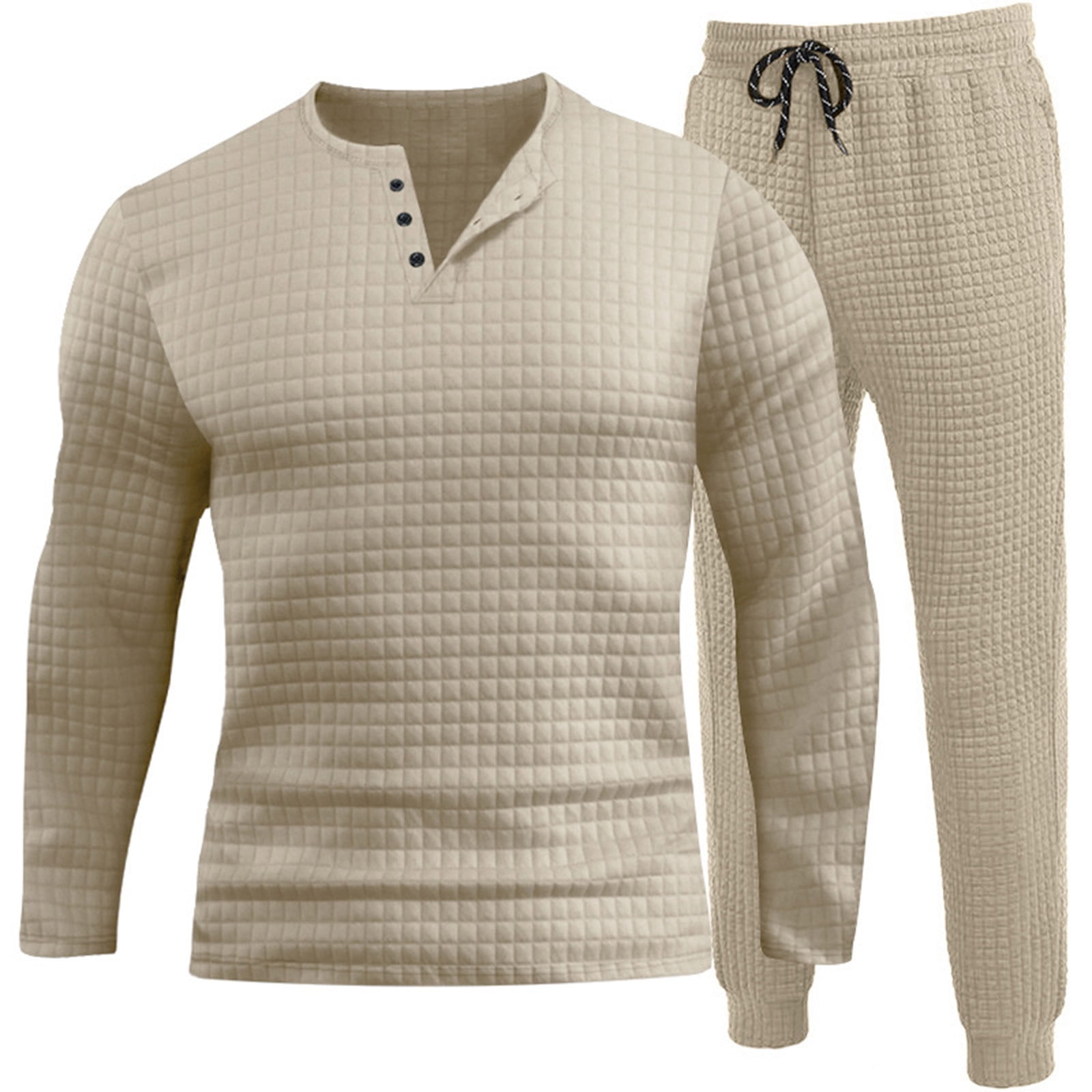 YLSDL Men s Waffle Knit Long Sleeve Henley Shirt Sweatpants Two Piece Pajama Set Sleepwear Lounge Set with Pockets Khaki M Walmart