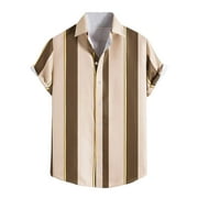 YLSDL Mens Bowling Shirts, 1950s Hawaiian Vintage Button Down Short Sleeve Shirts Summer Casual Holiday Beach Shirts Vintage Stripe Tops Khaki 8
