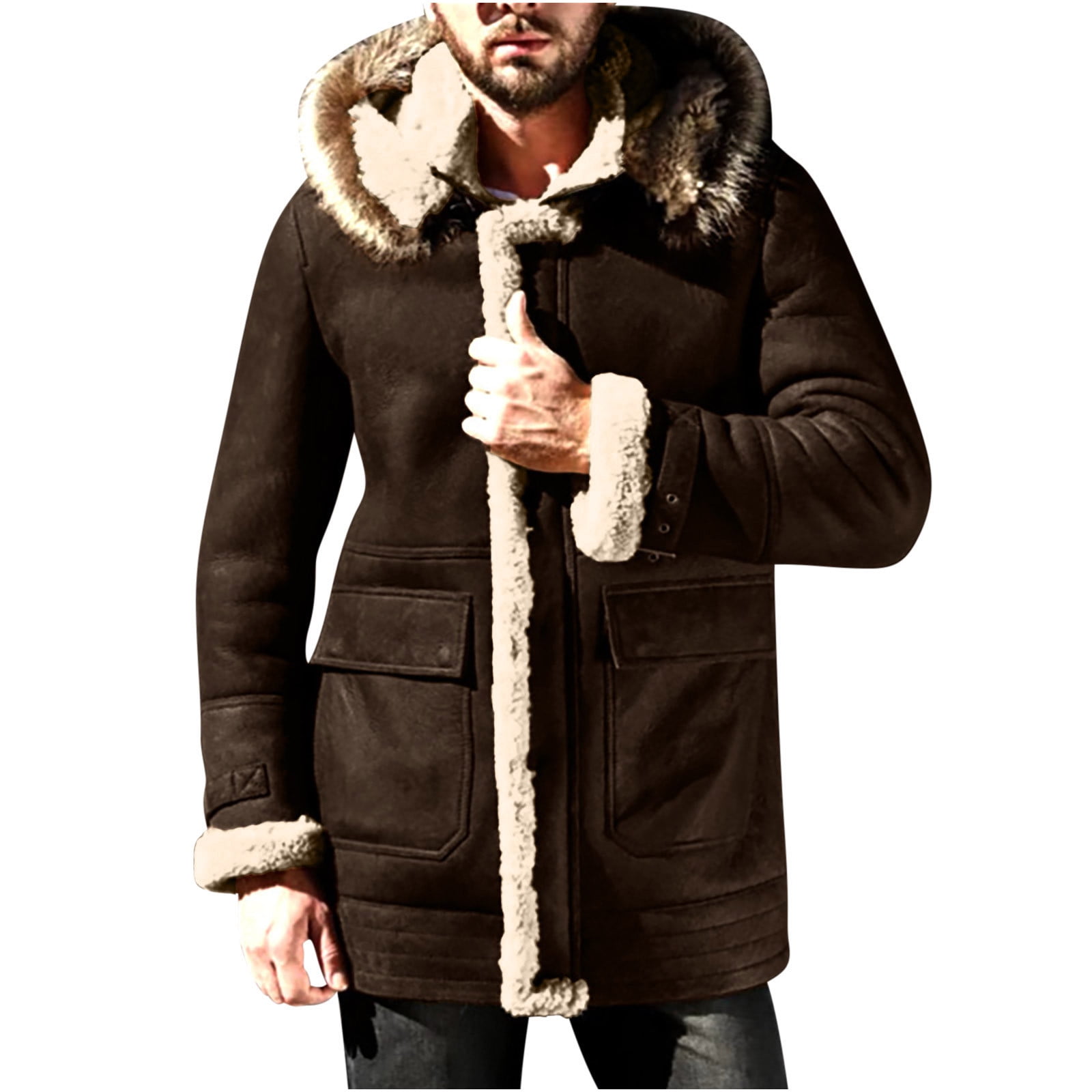 YLSDY Rollback Men s Winter Warm Shearling Hooded Coat Vintage Slim Fit Thickened Outwear Pockets Lapel Motorcycle Biker Jacket Overcoat Coffee XXXXL