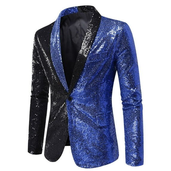 YLSDL Winter Savings 2024 Men's Sequin Blazer Jacket Party Suit One Button Regular Fit Shiny Tuxedo Dinner Prom Blue XXL