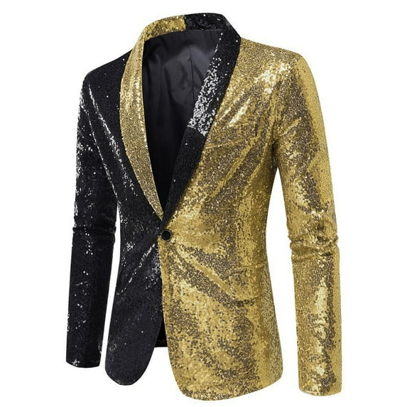 YLSDL Winter Savings 2024 Men's Sequin Blazer Jacket Party Suit One Button Regular Fit Shiny Tuxedo Dinner Prom Gold L