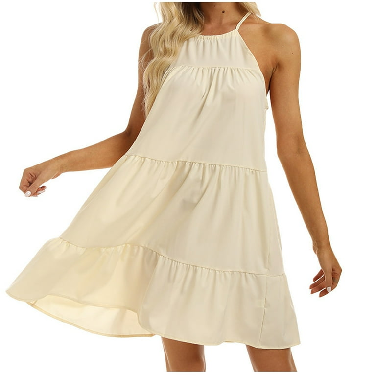 Pleated Cream Summer Halter Mini Dress Pleated Cream Summer Halter Mini Dress