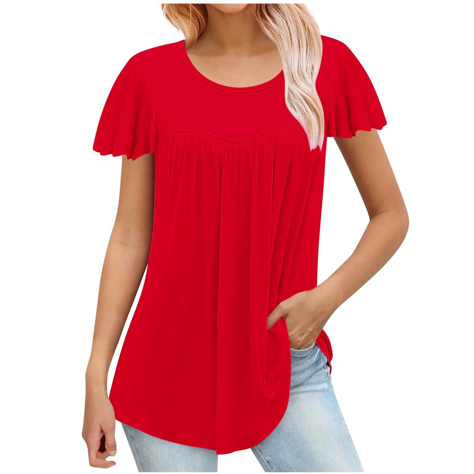 YLSDL Women s Peplum Tops Pleated Shirts Elegant Solid Shirts Round Neck Tops Comfy Breathable Loose Fit Daily Relaxed Blouse Summer Basic Flutter Sleeve Short Sleeve Basic Tees Red 4 Walmart