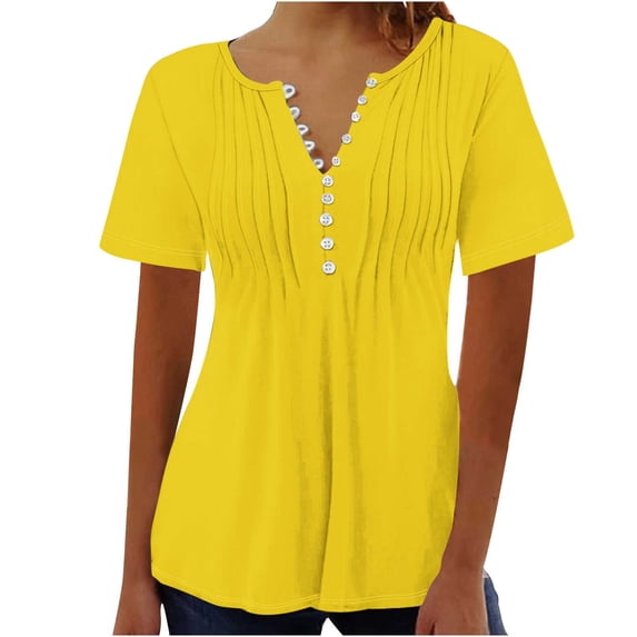 YLSDY Women's Tunic Tops Pleated Shirts Button Down Henley Neck Tops Slim Fit Flowy Dressy Casual Blouse Summer Basic Raglan Short Sleeve Basic Tees Fashion 2024 Elegant Solid Shirts Yellow 14