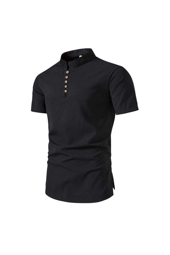 2024 Men's Summer Linen Short Sleeve T-Shirt Chinese Style Mandarin Collar Button Henley Shirts Loose Fit Tops Blouse Black XXL