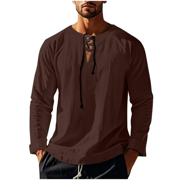 YLSDY 2025 Summer Linen Shirts for Men Casual Long Sleeve Cotton T Shirts Lace Up V Neck Tops Beach Hawaiian Shirts Coffee XXXL