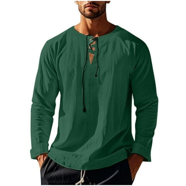 YLSDY 2025 Summer Linen Shirts for Men Casual Long Sleeve Cotton T Shirts Lace Up V Neck Tops Beach Hawaiian Shirts Green XL