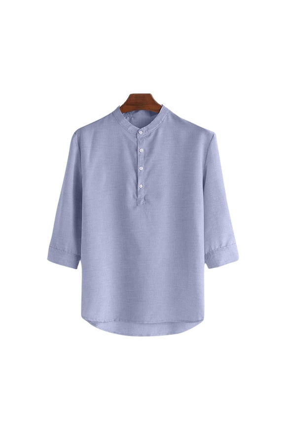3/4 Length Sleeve Mens Shirts Casual Stylish Stand Collar Neck Button Up Henley Shirt Summer Beach Vacation Clothes Blue M