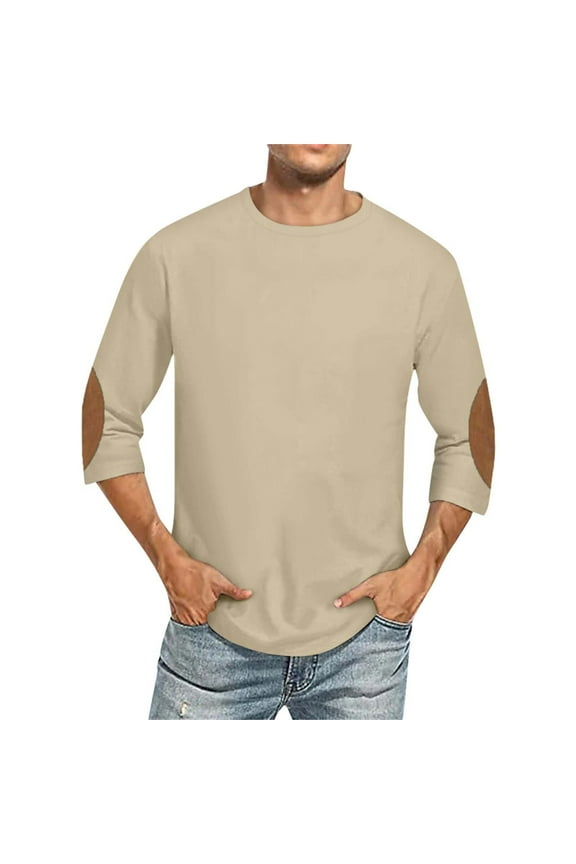 3/4 Sleeve Shirt for Men Solid Color Crew Neck Baseball T-Shirts Three Quarter Sleeve T Shirts Casual Loose Fit Tees Beige XXL