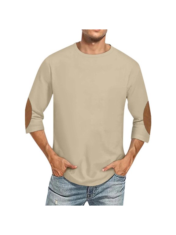 3/4 Sleeve Shirt for Men Solid Color Crew Neck Baseball T-Shirts Three Quarter Sleeve T Shirts Casual Loose Fit Tees Beige XXXXXL