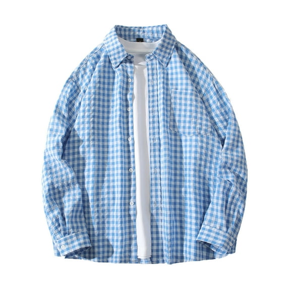 YLSDY Fashion Men's Long Sleeve Button Up Plaid Flannel Shirt Loose Fit Checkered Dress Work Office Tops Blouse Blue L