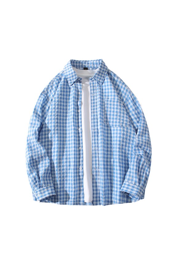 Fashion Men's Long Sleeve Button Up Plaid Flannel Shirt Loose Fit Checkered Dress Work Office Tops Blouse Blue L