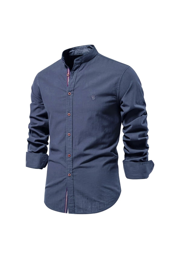 Fashion Men's Long Sleeve Shirt Chinese Style Solid Color Cotton Linen Mandarin Collar Business Dress Shirt Dark Blue L