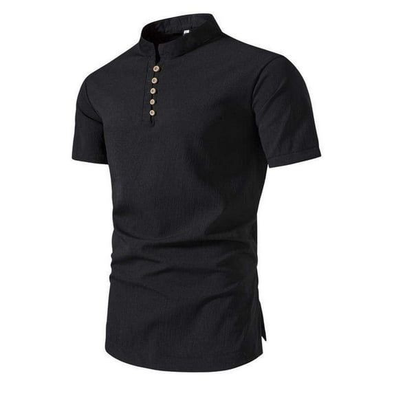 YLSDY Fashion Men's Summer Linen Short Sleeve T-Shirt Chinese Style Mandarin Collar Button Henley Shirts Loose Fit Tops Blouse Black M