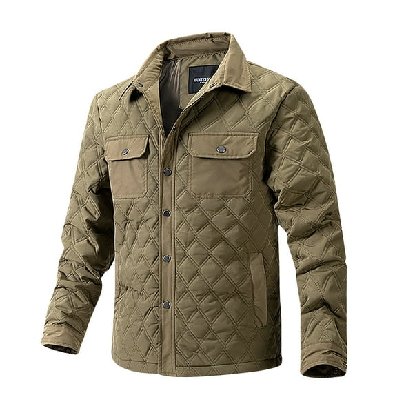 YLSDY 50% off! Men's Winter Quilted Shirt Jacket Warm Trucker Coats Long Sleeve Snap Up Workwear Outerwear with Pockets Khaki M