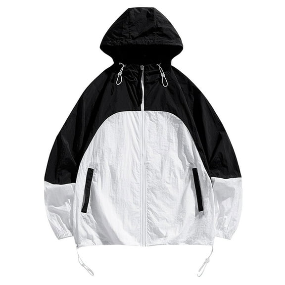 YLSDY Fashion Men's Color-Blocking Hooded Windbreaker Jacket with Zipper Pockets Streetwear Purple White Lightweight Breathable Mesh Lining Windproof Sportswear Spring Fall White XXXL