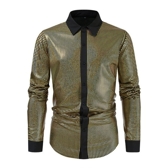 YLSDY 70s Disco Shirt for Men Metallic Sequins Party Costumes Long Sleeve Button Down Shirts Vintage Outfits Nightclub Tops Yellow XXL