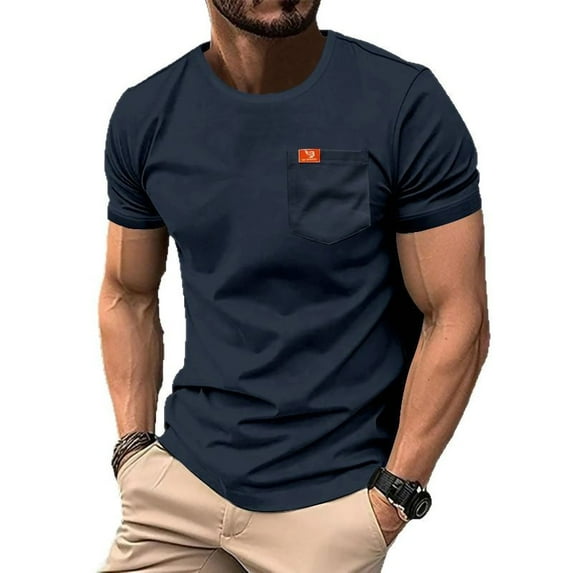 YLSDY Adult Short Sleeve Pockets Tee Shirt Men's Relaxed Fit Lightweight Short-Sleeve Pocket T-Shirt Solid Crew Neck Tee Top Navy L
