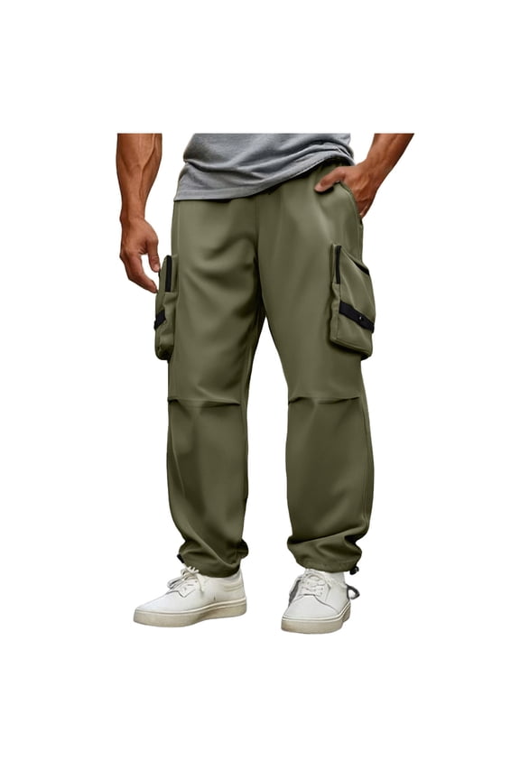 Baggy Cargo Pants for Men Casual Stretch Elastic Drawstring Parachute Pants Loose Fit Joggers with Multi Pockets Army Green XL