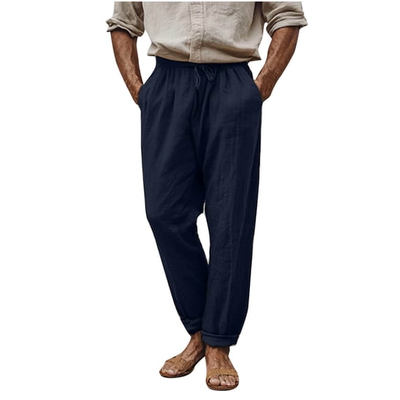 YLSDY Baggy Linen Pants Men Lightweight Drawstring Casual Boho Beach Pant Loose Fit Summer Beach Trousers with Pockets Navy M