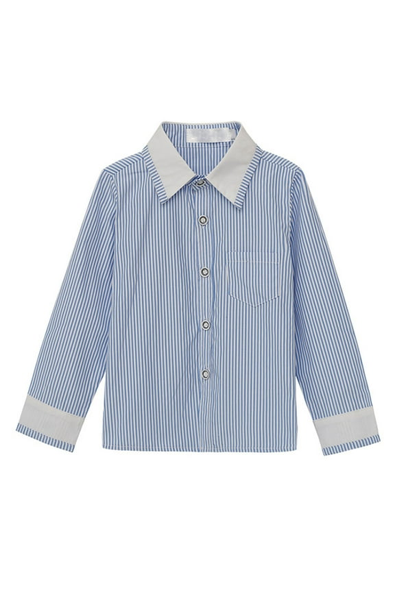 Boys' Striped Long Sleeve Button Down Shirt Dress Shirt with White Collar Cuffs Blue 4 Years
